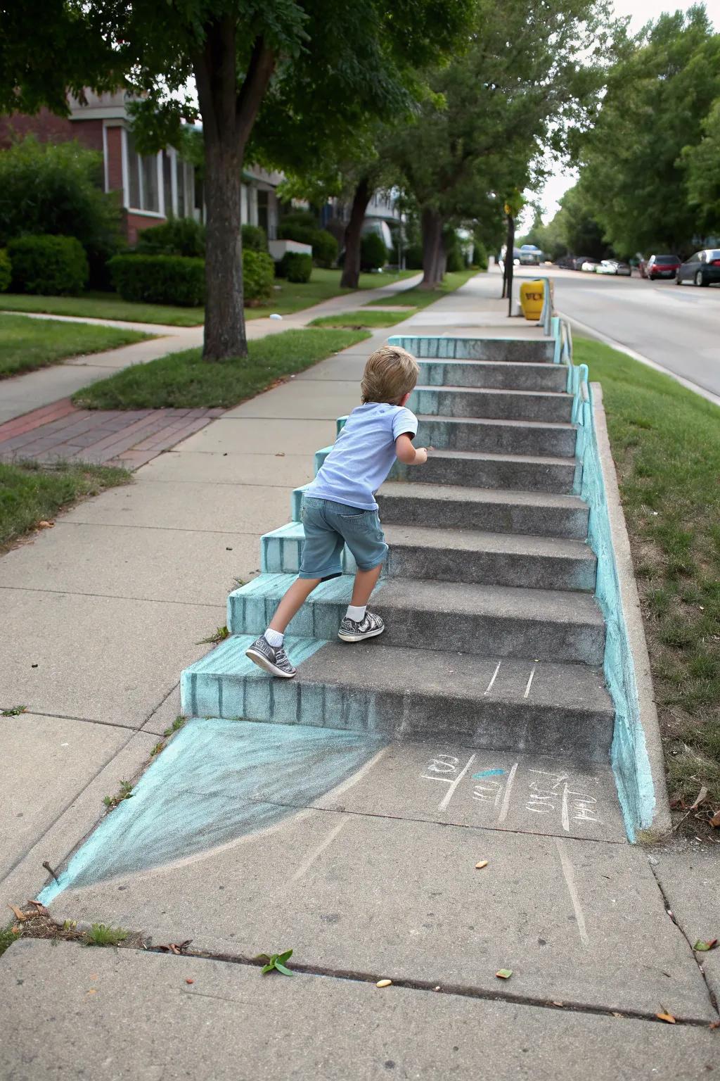 A child interacting with a 3D chalk drawing, climbing imaginary stairs.