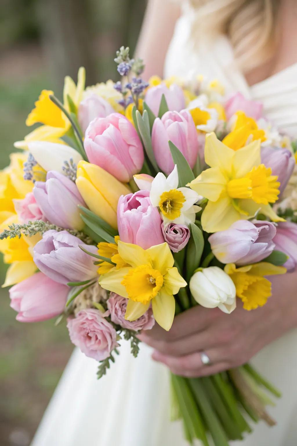 Seasonal tulips and daffodils in a cost-effective spring wedding bouquet.