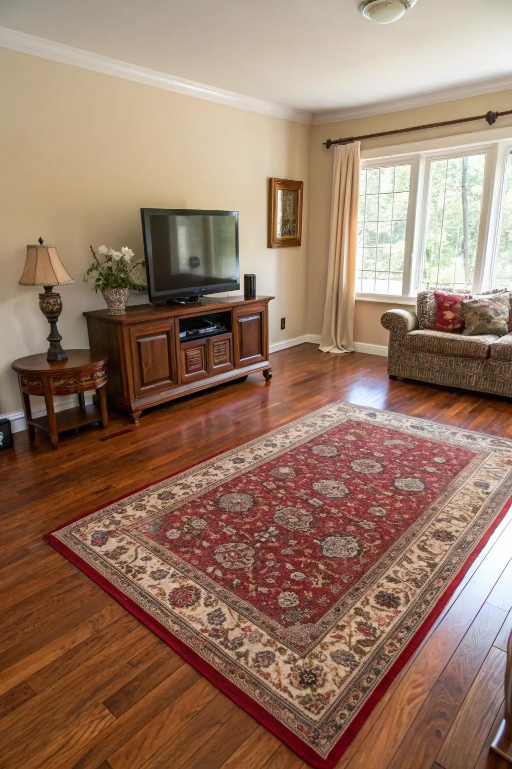 Area rugs add texture and warmth to cherry wood floors.