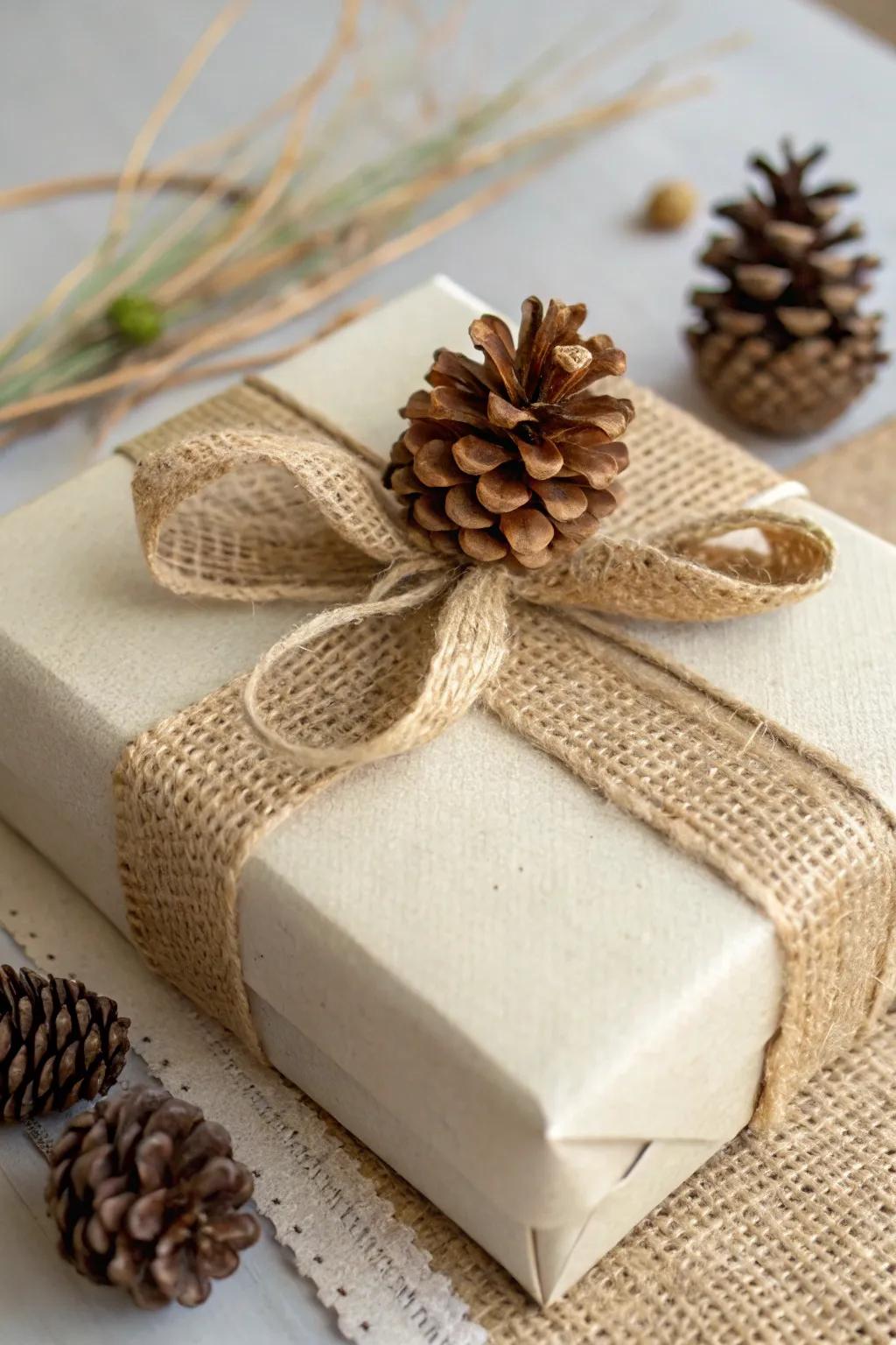 Rustic elegance with burlap ribbon and pinecones.