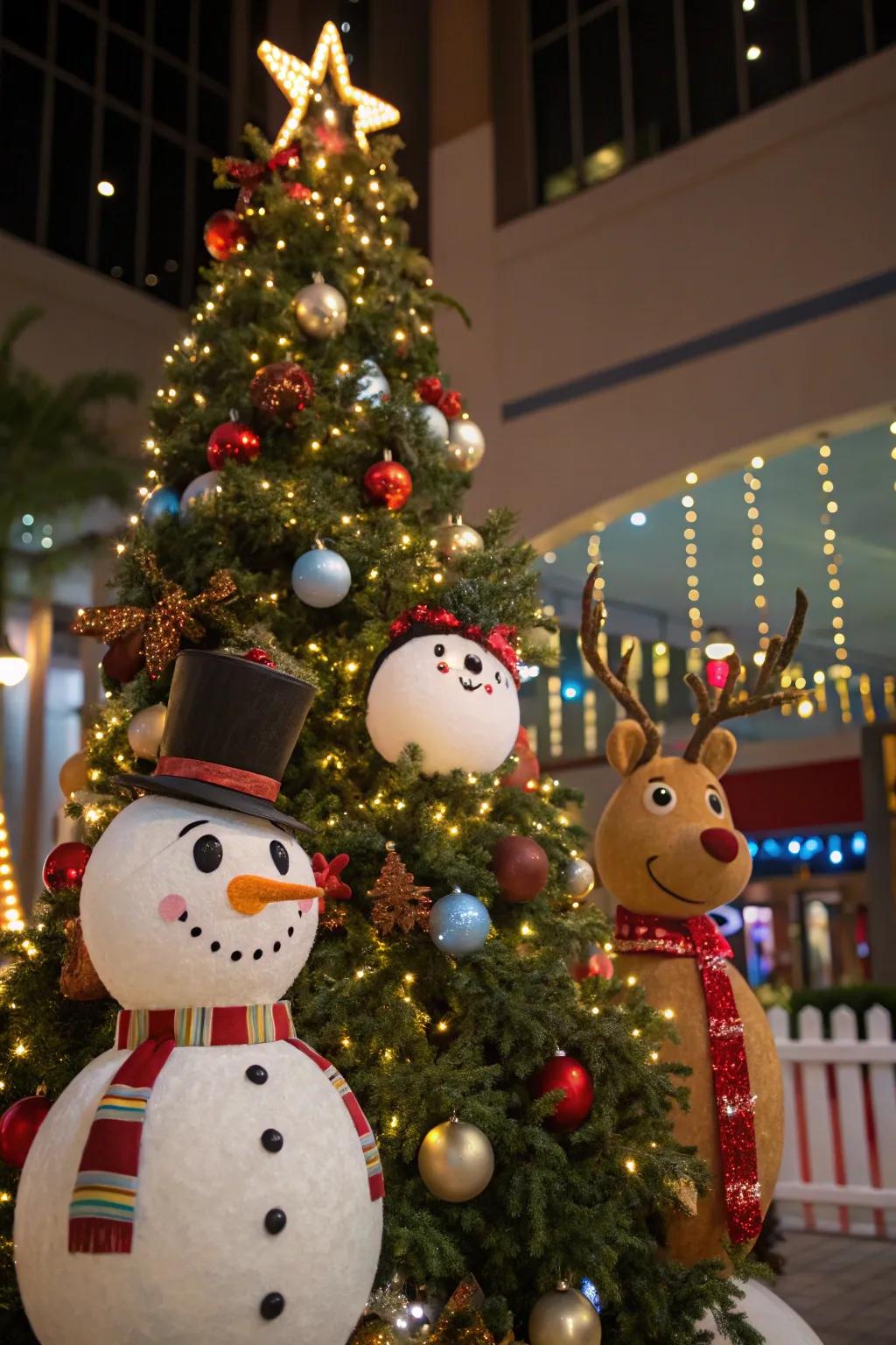 Whimsical snowman and reindeer ornaments adorning a tree.