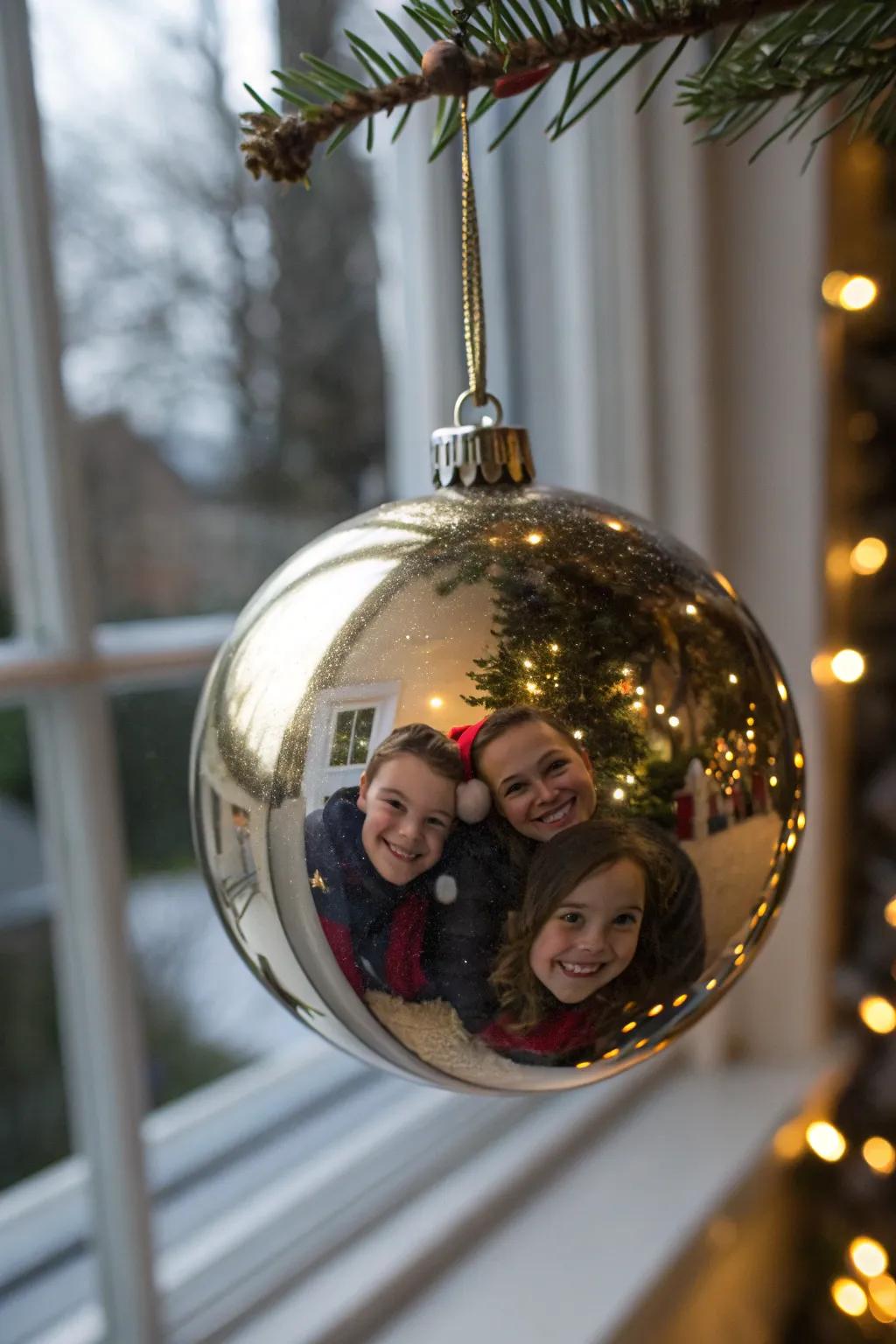 Family reflections captured in a Christmas ornament.