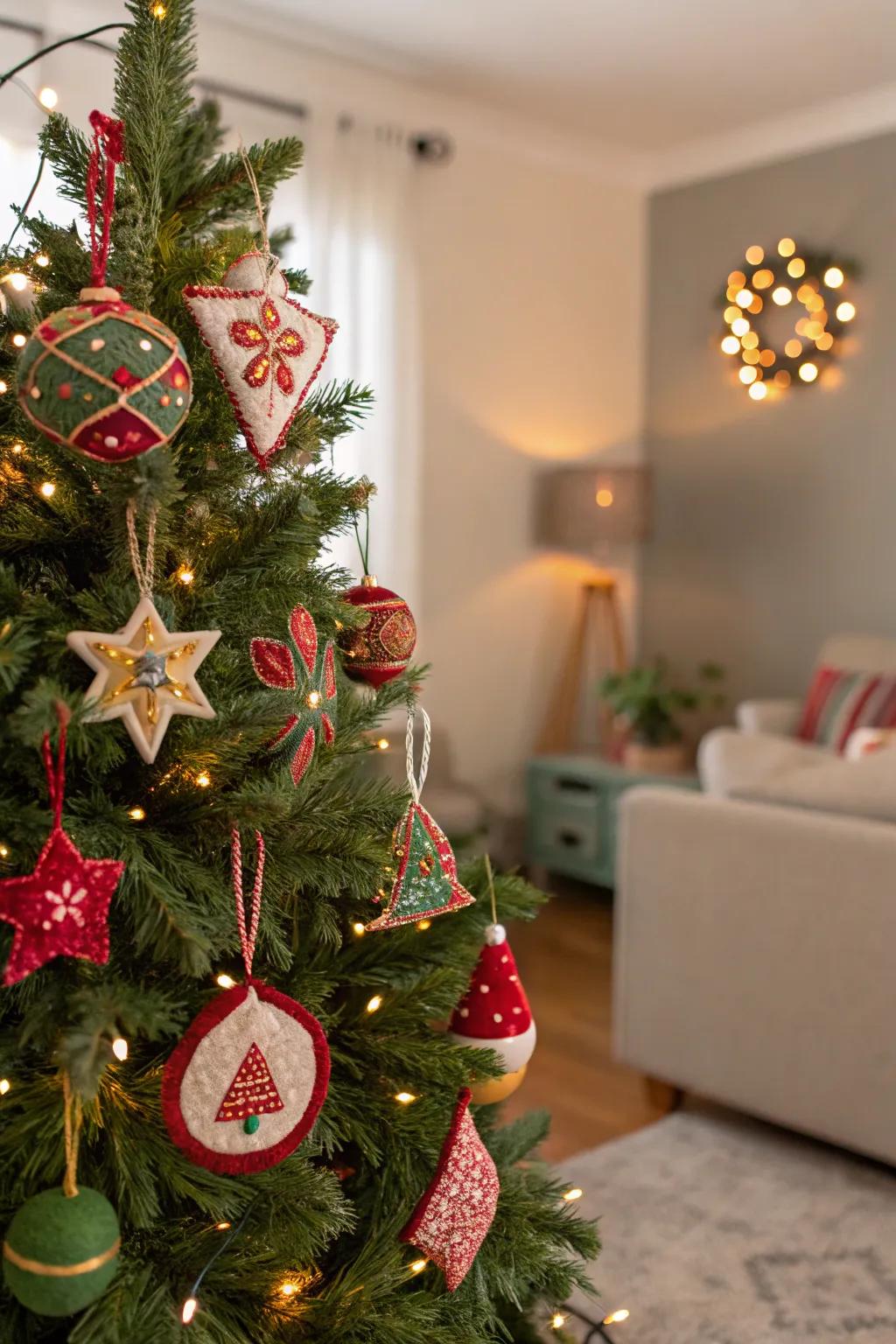 A Christmas tree with soft felt and fabric ornaments.