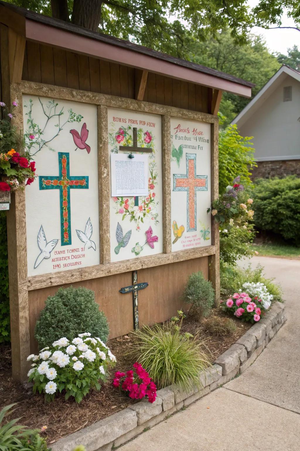 A faith-based art display on a church bulletin board.