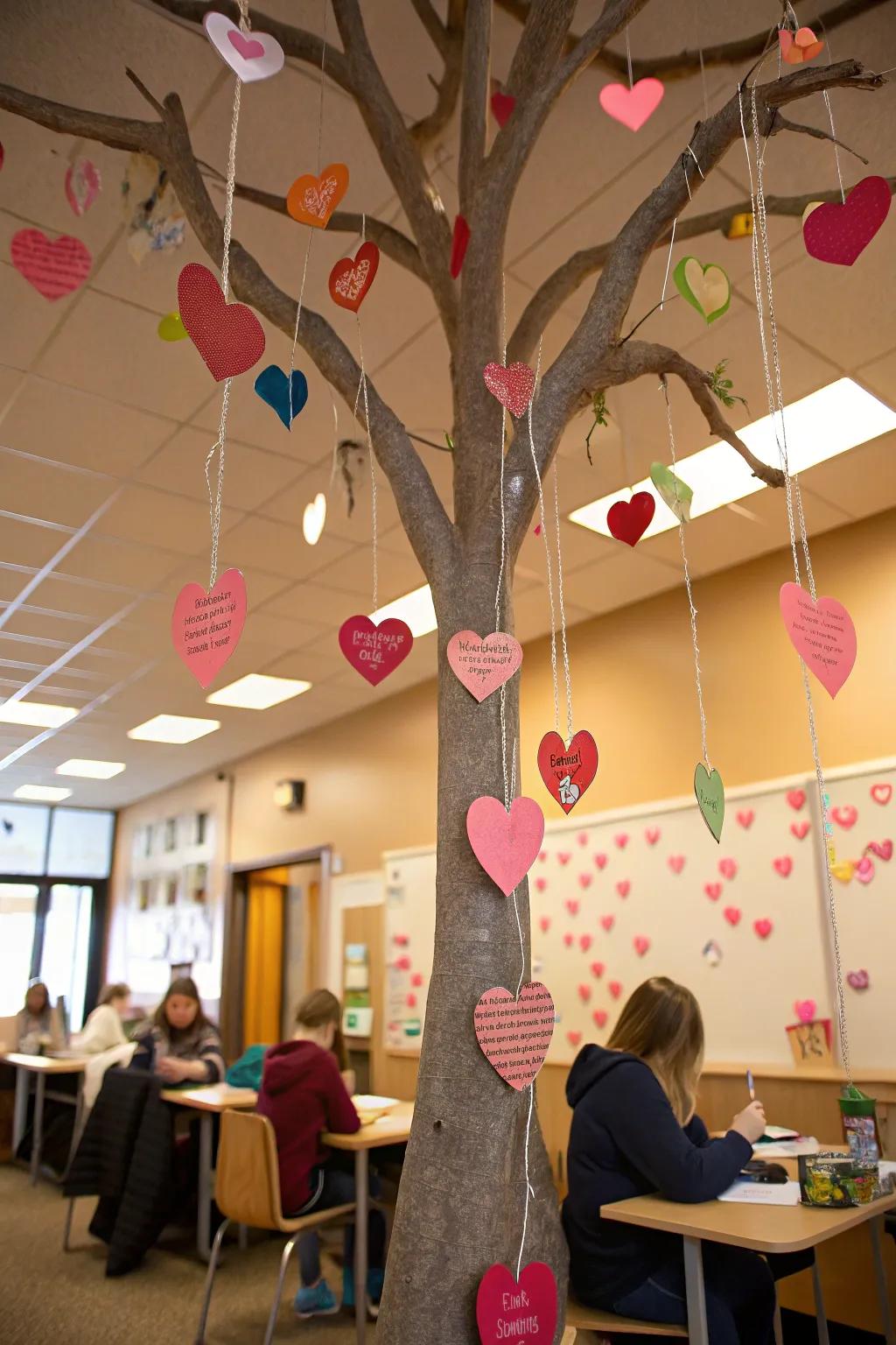Interactive heart tree promoting gratitude and friendship.
