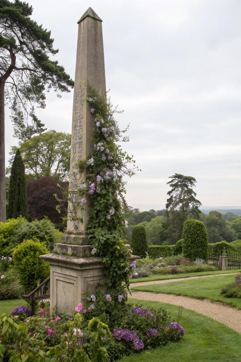 A freestanding obelisk offers a striking vertical element for clematis growth.