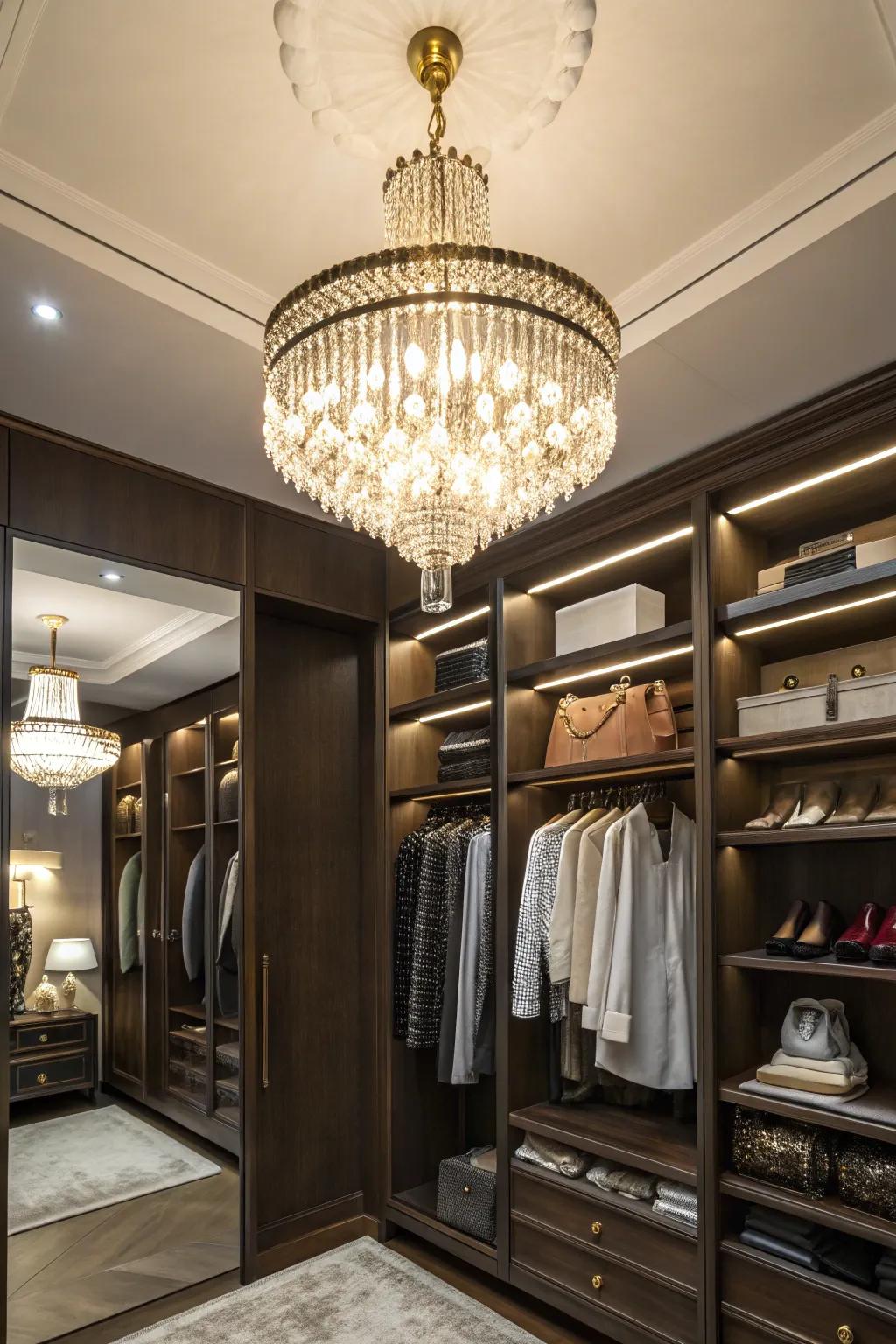 A chandelier adds a luxurious feel to any closet, making it a glamorous retreat.