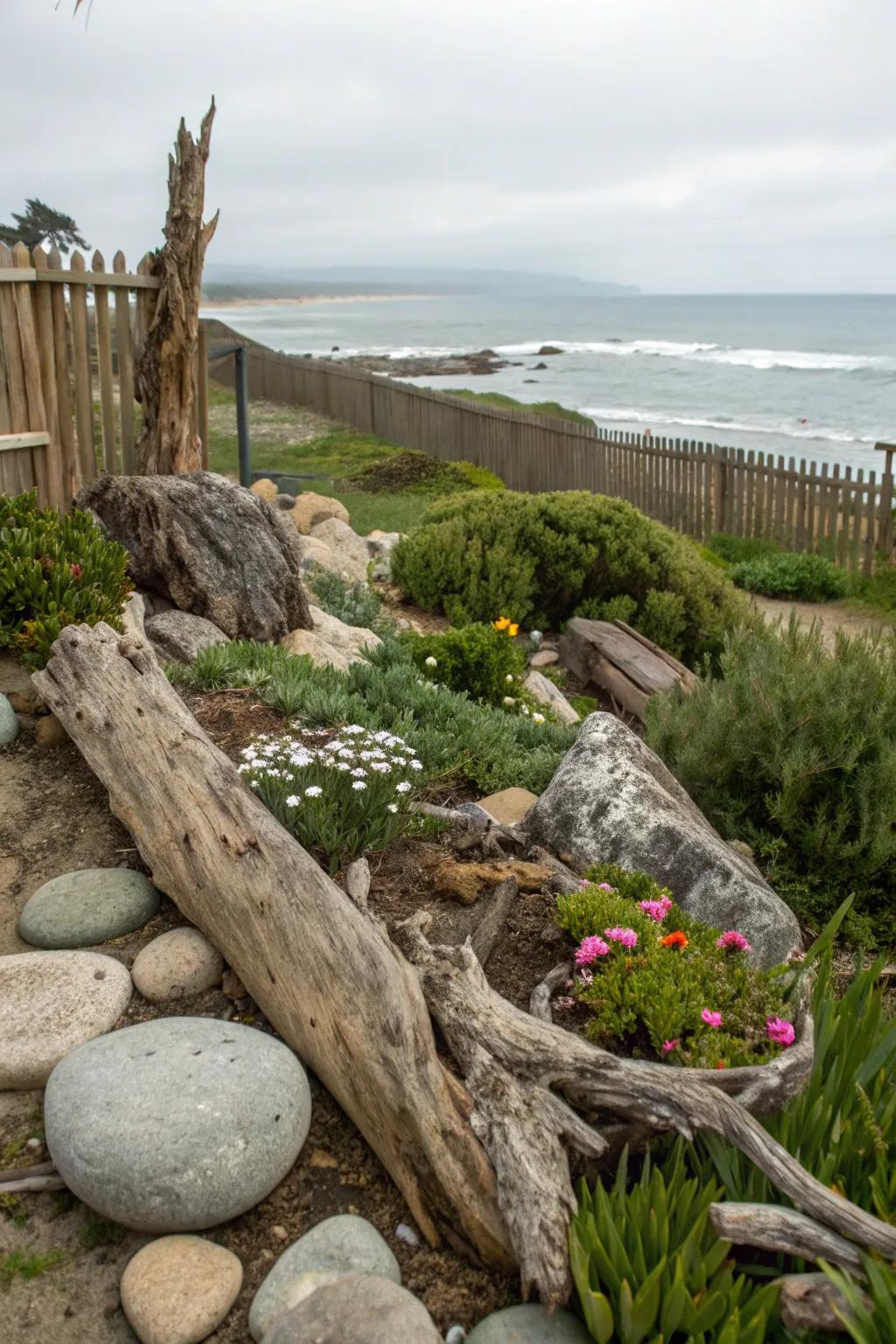 Rustic materials add authenticity and charm to a coastal garden.