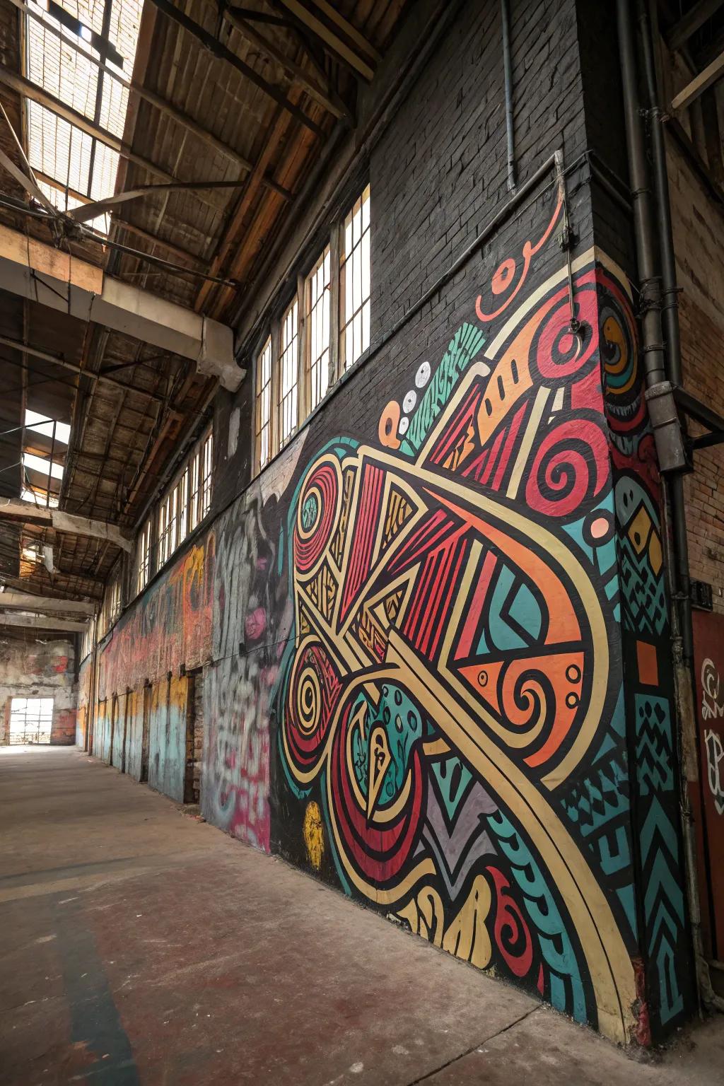 A loft wall adorned with detailed wildstyle graffiti.