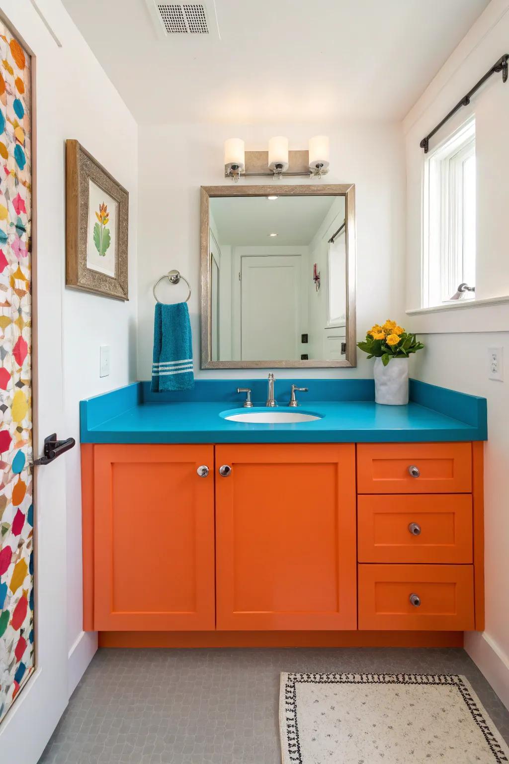 Contrasting colorful cabinetry adds flair to this powder room.