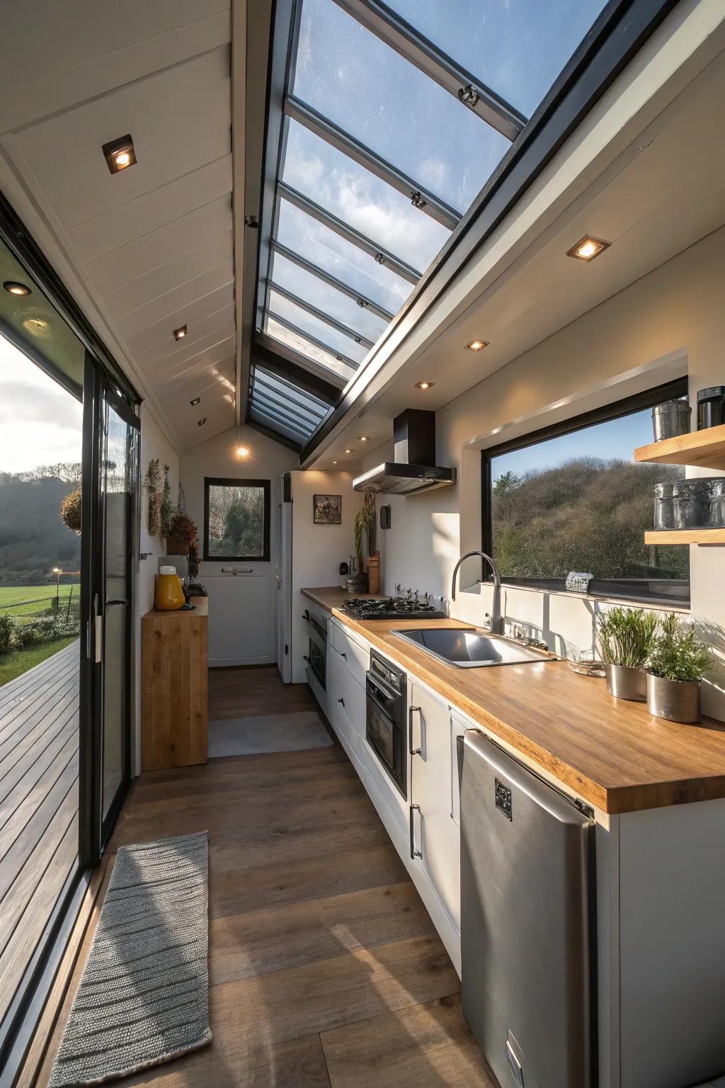 Skylights bring natural light into this container home's kitchen.