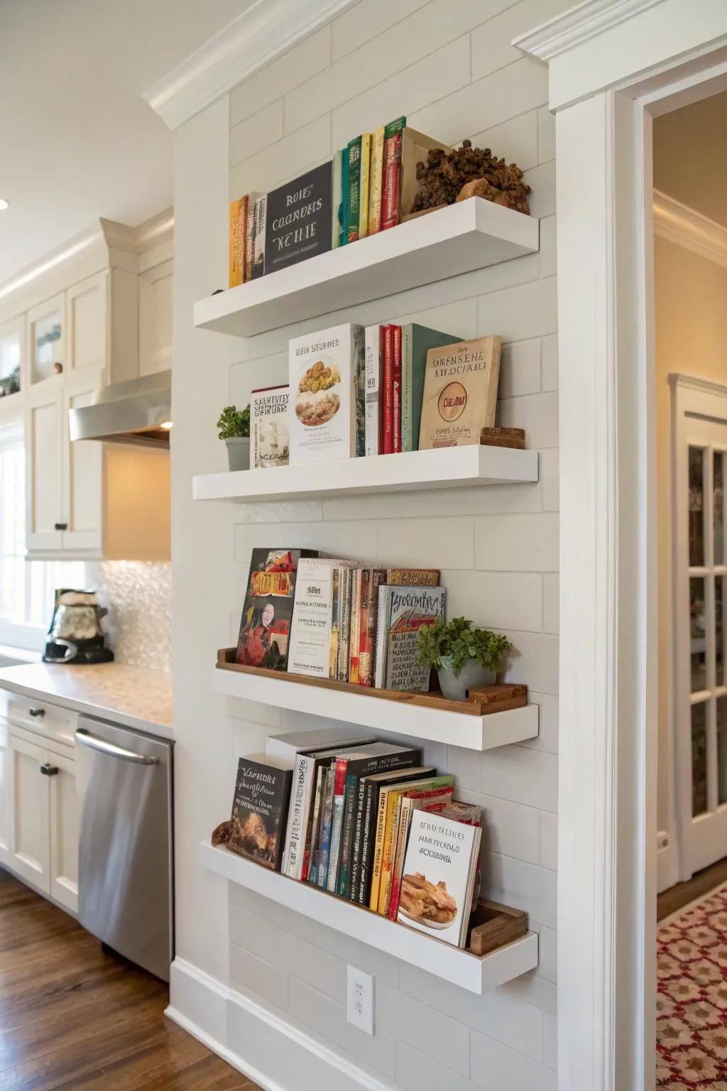 Floating shelves offer a sleek way to display your cookbook collection.