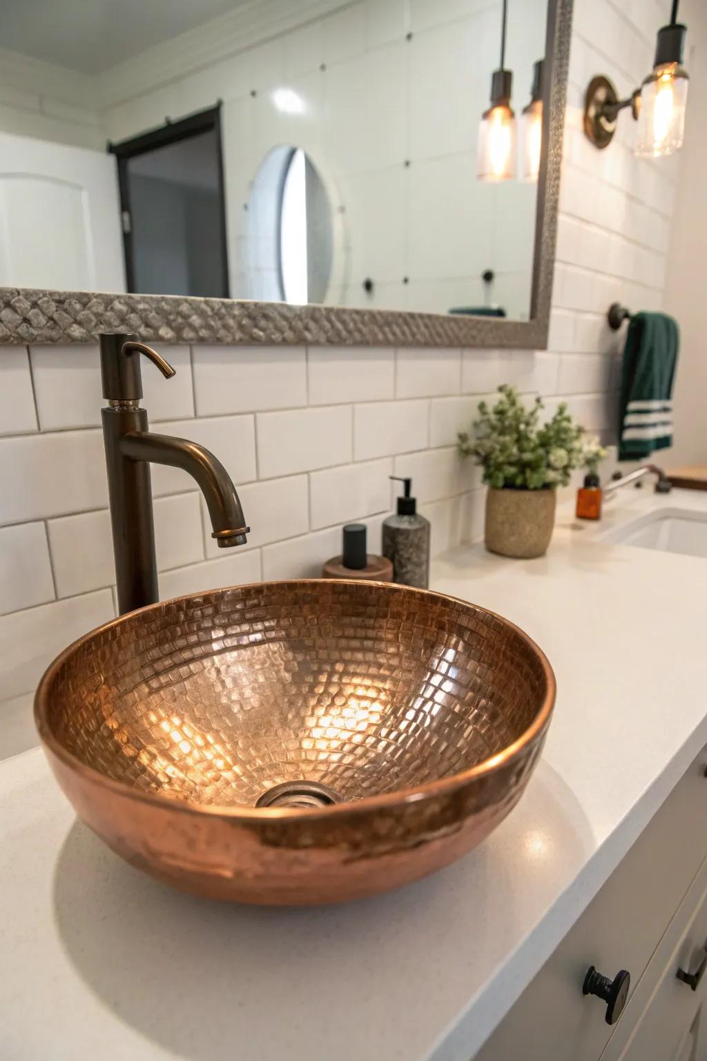 The textured finish of this copper sink adds a layer of sophistication to the bathroom decor.