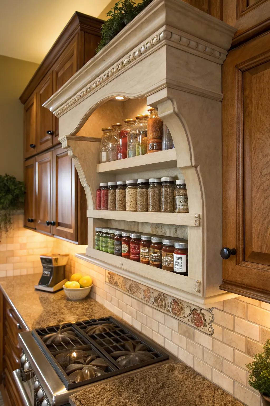 Corbel shelves keep kitchen spices organized and stylish.