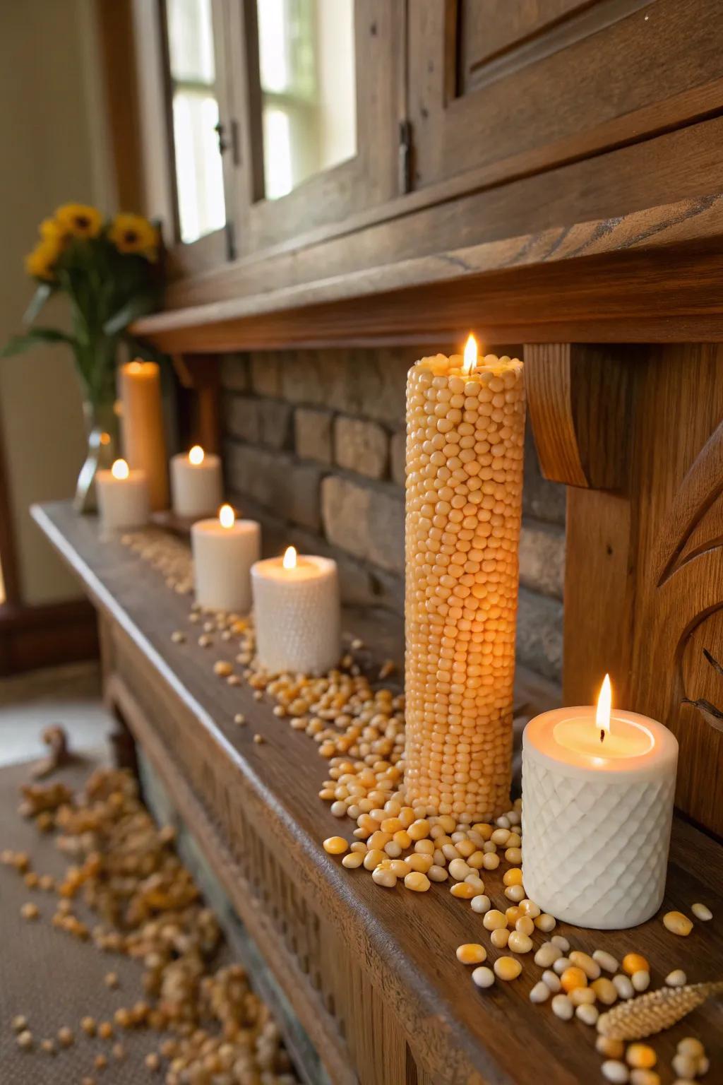 Candles with corn kernels create a warm glow.