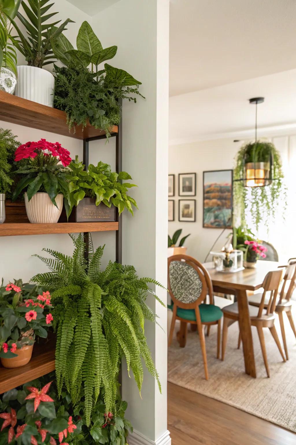 Create a green oasis with lush plant displays on your shelves.