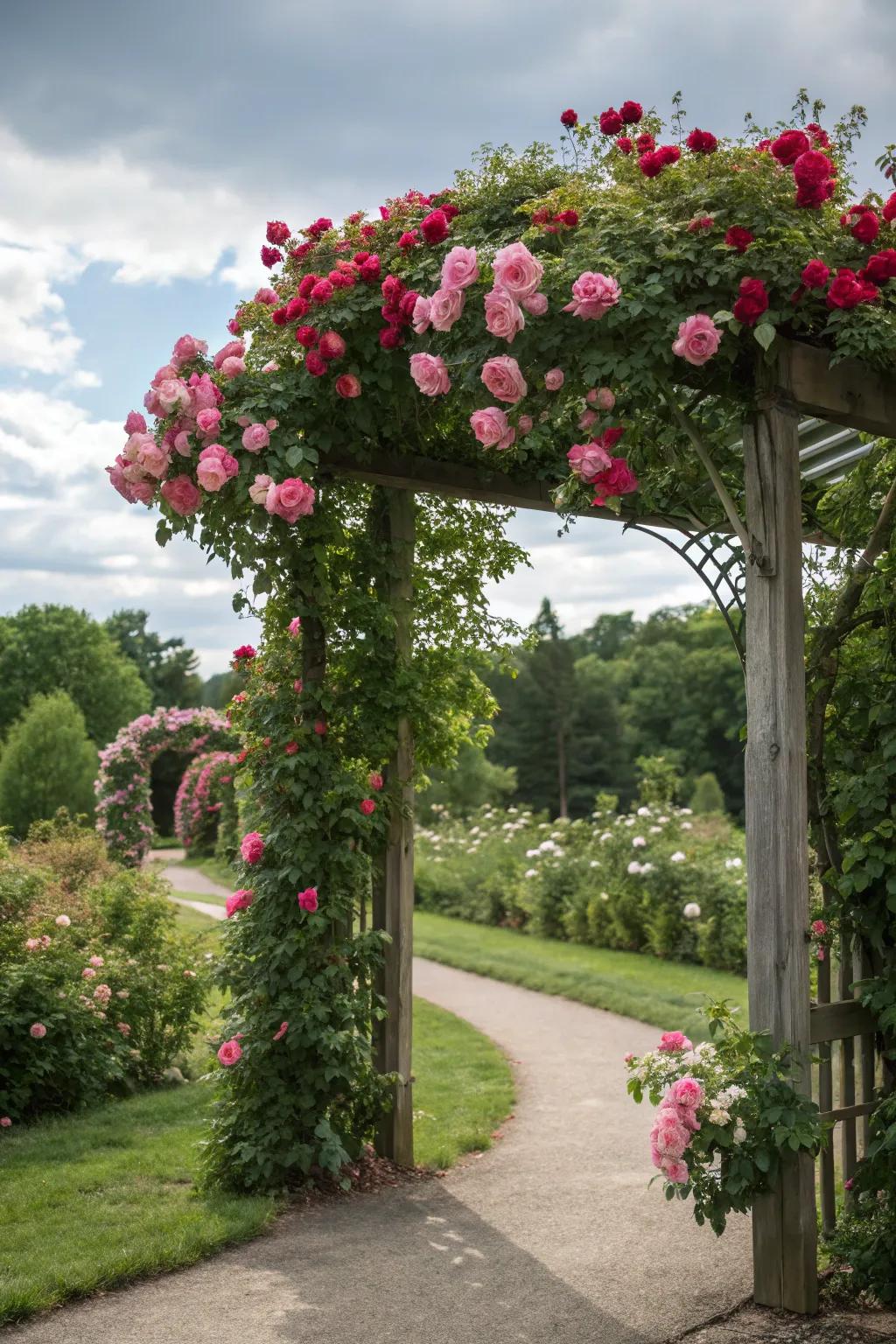 An enchanting arbor draped with climbing roses.