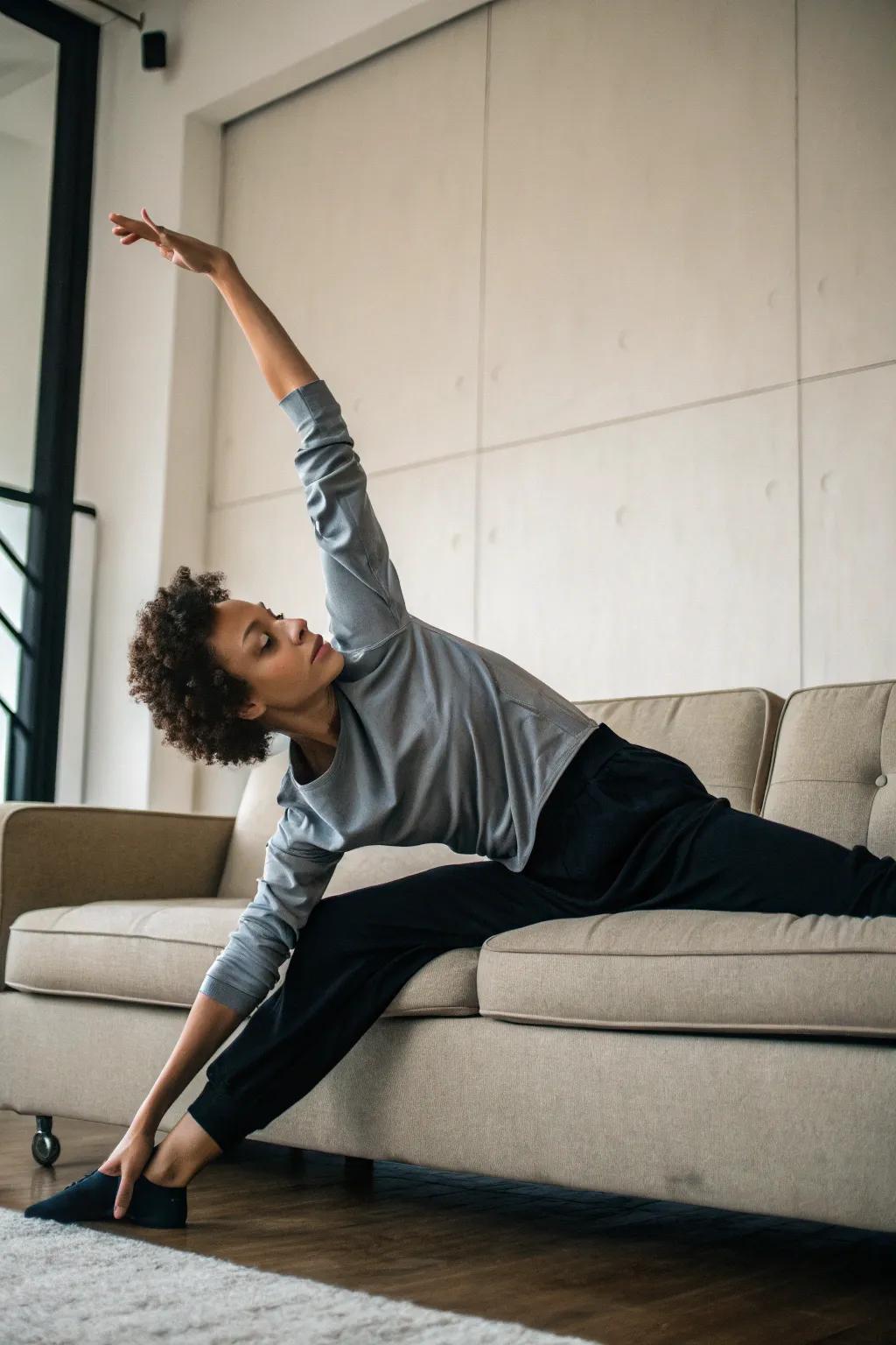 Sideways stretch adds a dynamic flair to your couch pose.