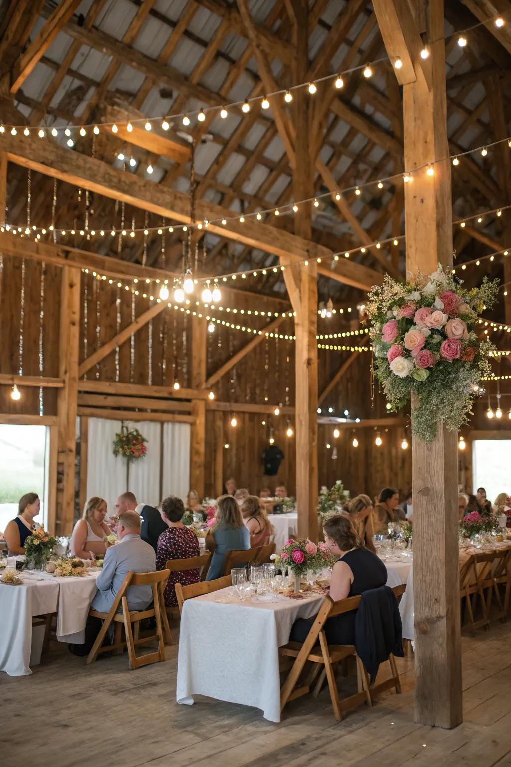 A wedding reception held in a charming rustic barn with exposed wooden beams.