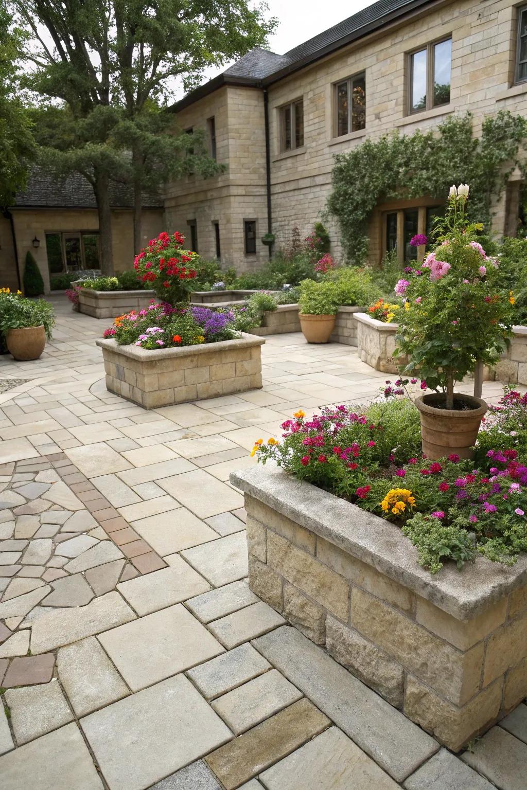 Enhance your courtyard with greenery integrated into the paving design.