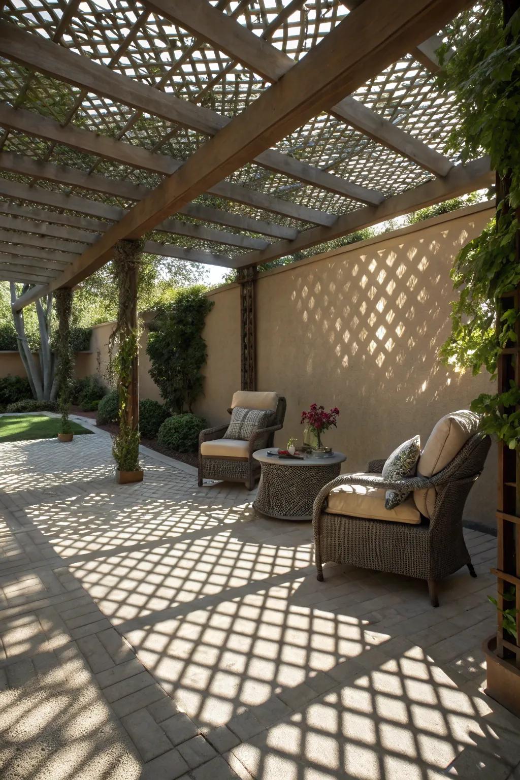 A lattice patio cover offers both style and comfort to any outdoor space.