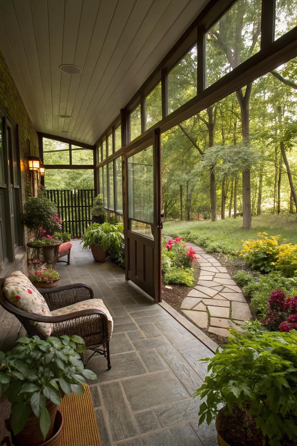 Large windows connect the indoor and outdoor spaces seamlessly.