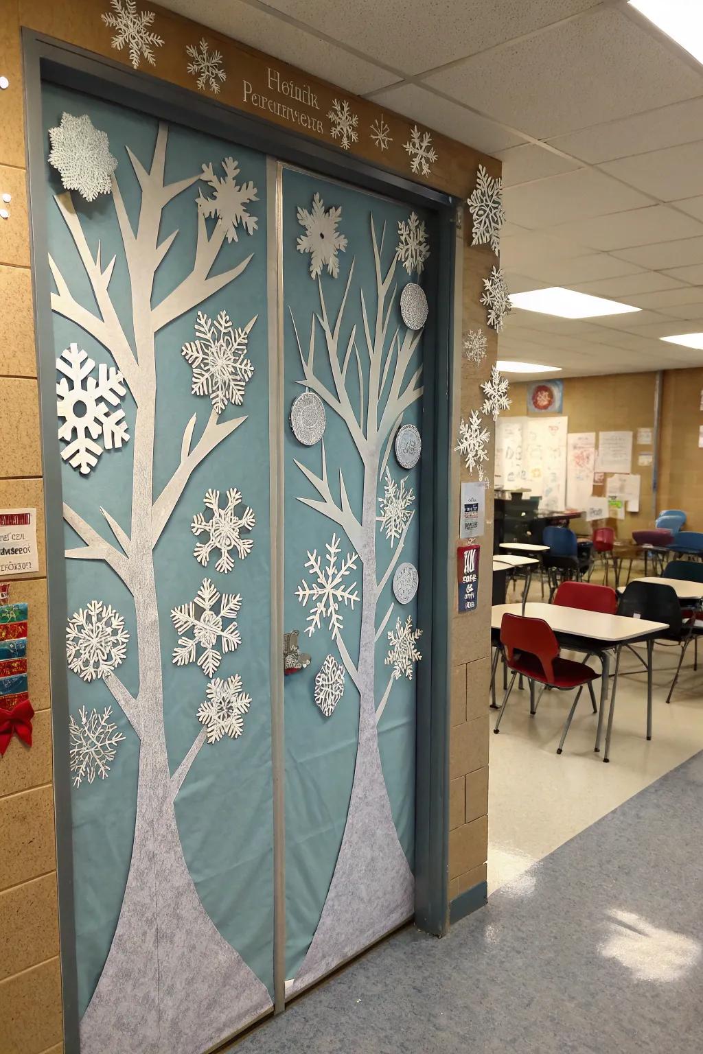 A classroom door transformed into a serene winter wonderland with snowflakes and frosty trees.