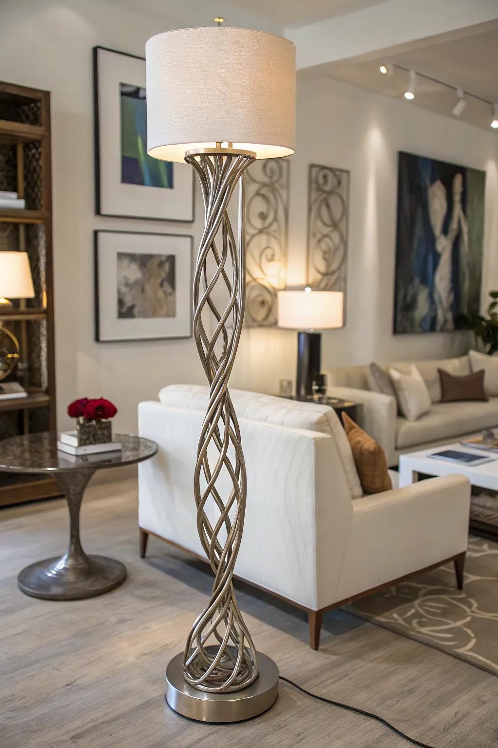 A sculptural metal lamp acting as a centerpiece in a stylish living room.