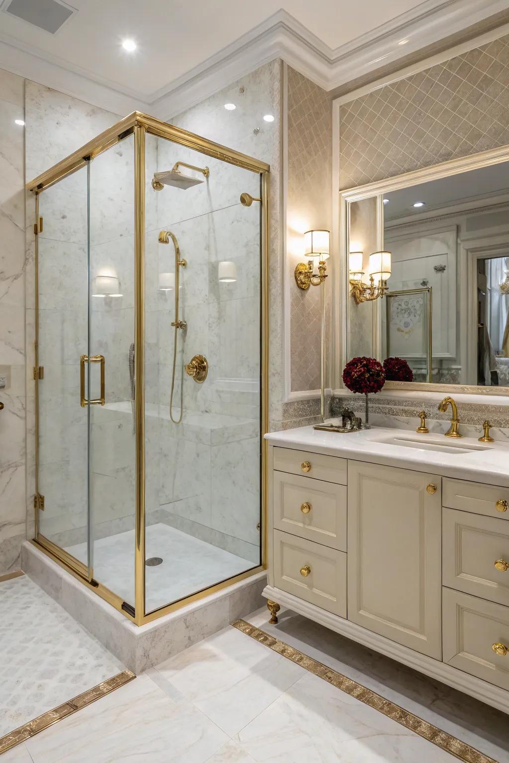 Elegant fixtures add a touch of luxury to cultured marble showers.