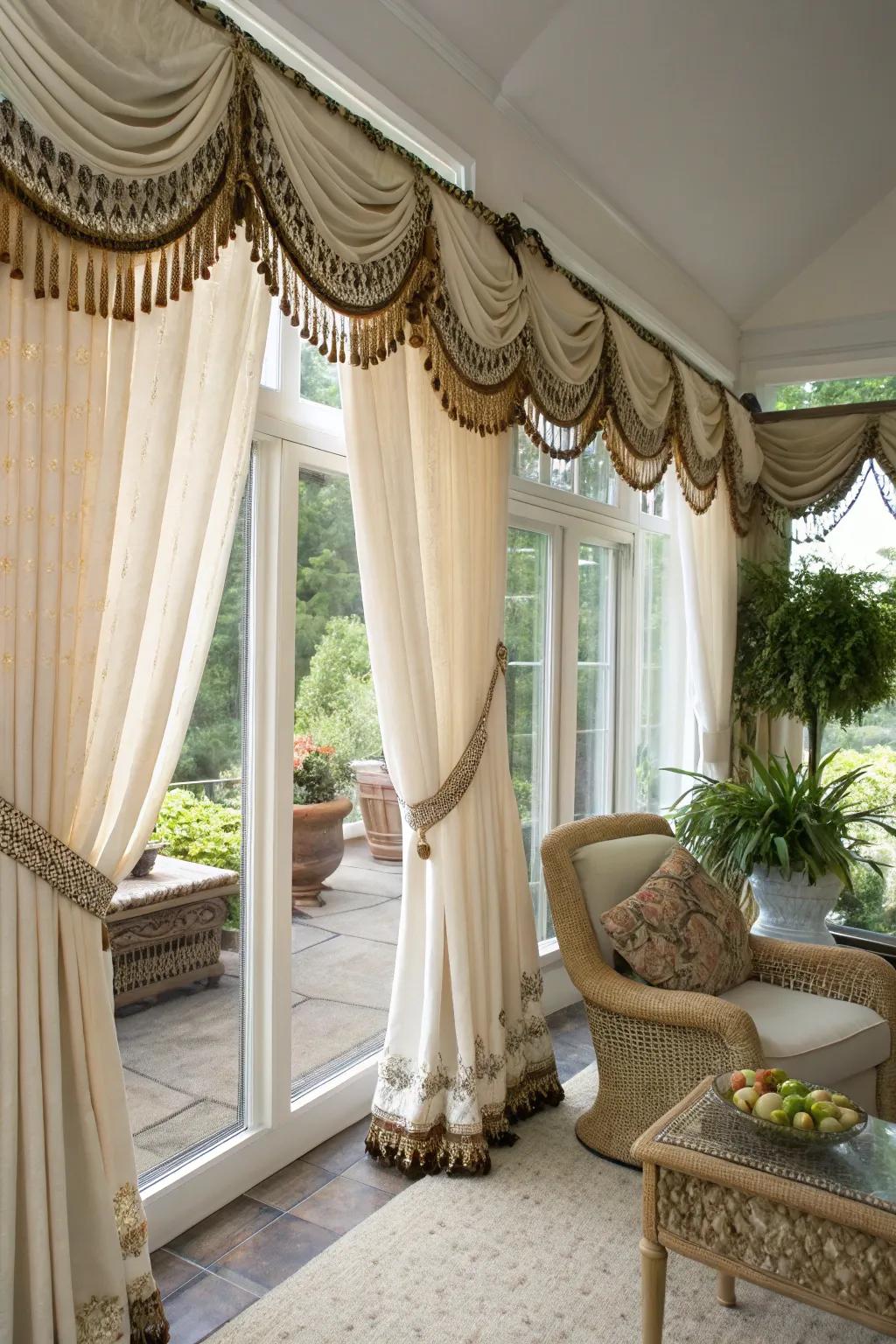 Bohemian style curtains with soft fringe trims.