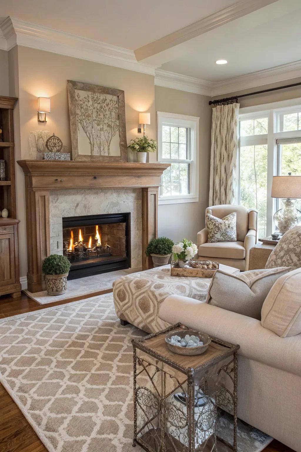 A neutral-toned fireplace that blends seamlessly with its surroundings.