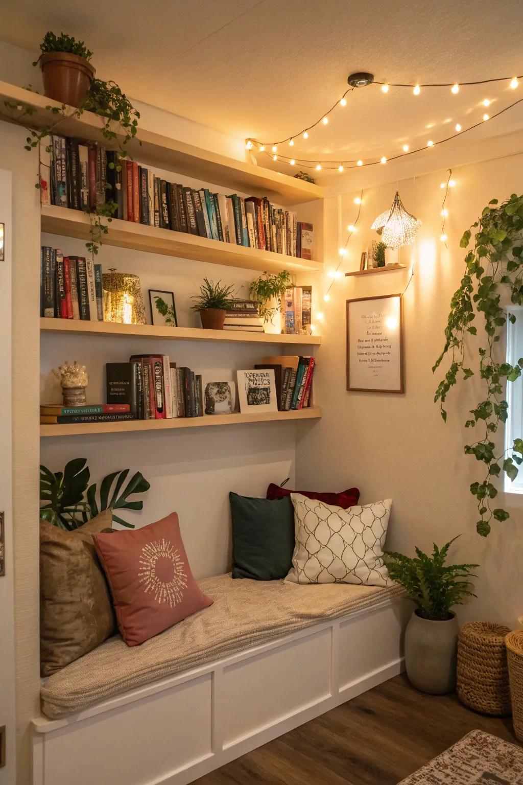 Floating bookshelves creating an inviting and stylish reading nook