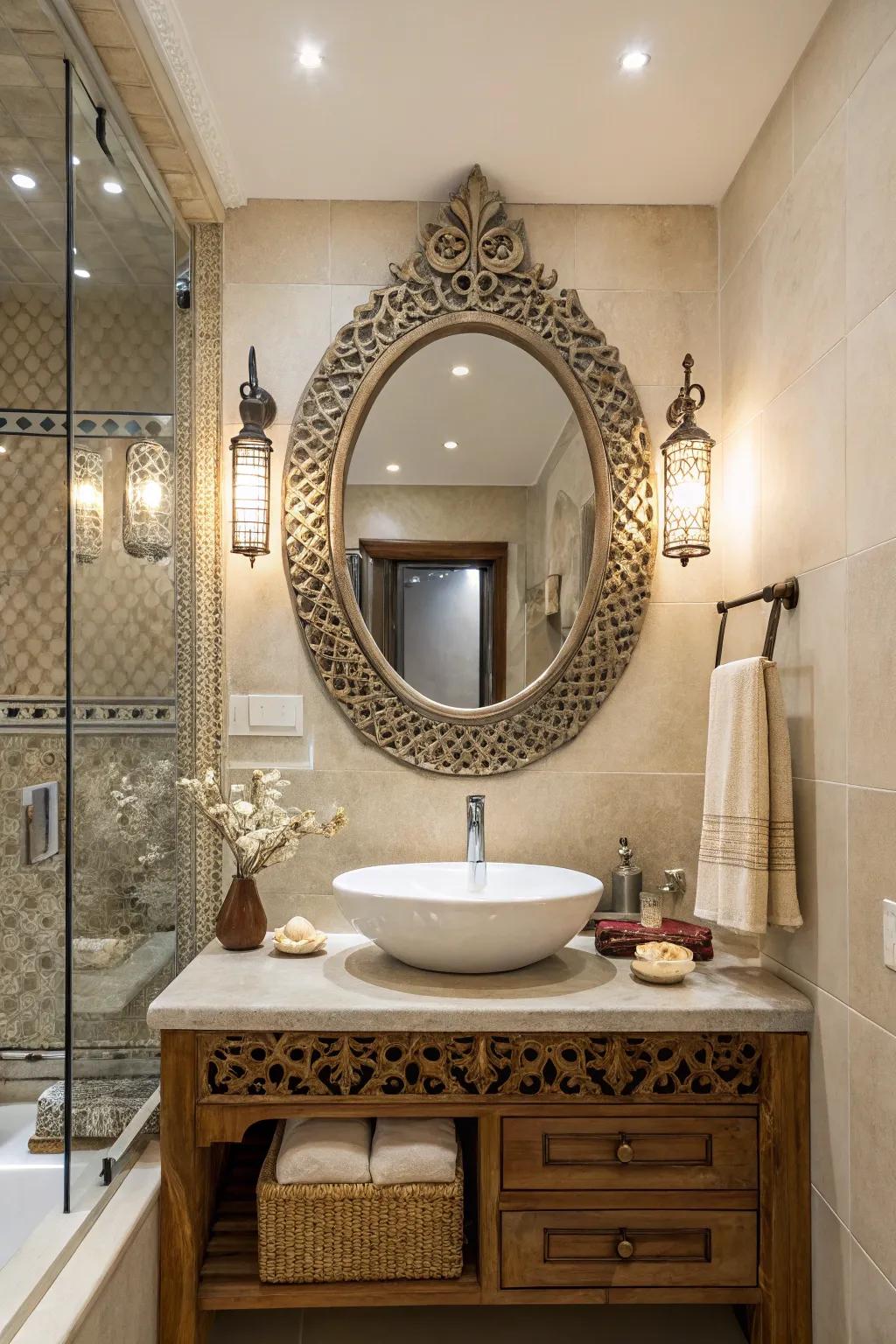 An eclectic mirror adds character and charm to any bathroom.