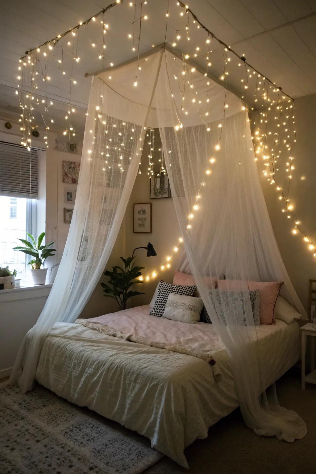 Enchanting fairy lights add a touch of magic to the room.