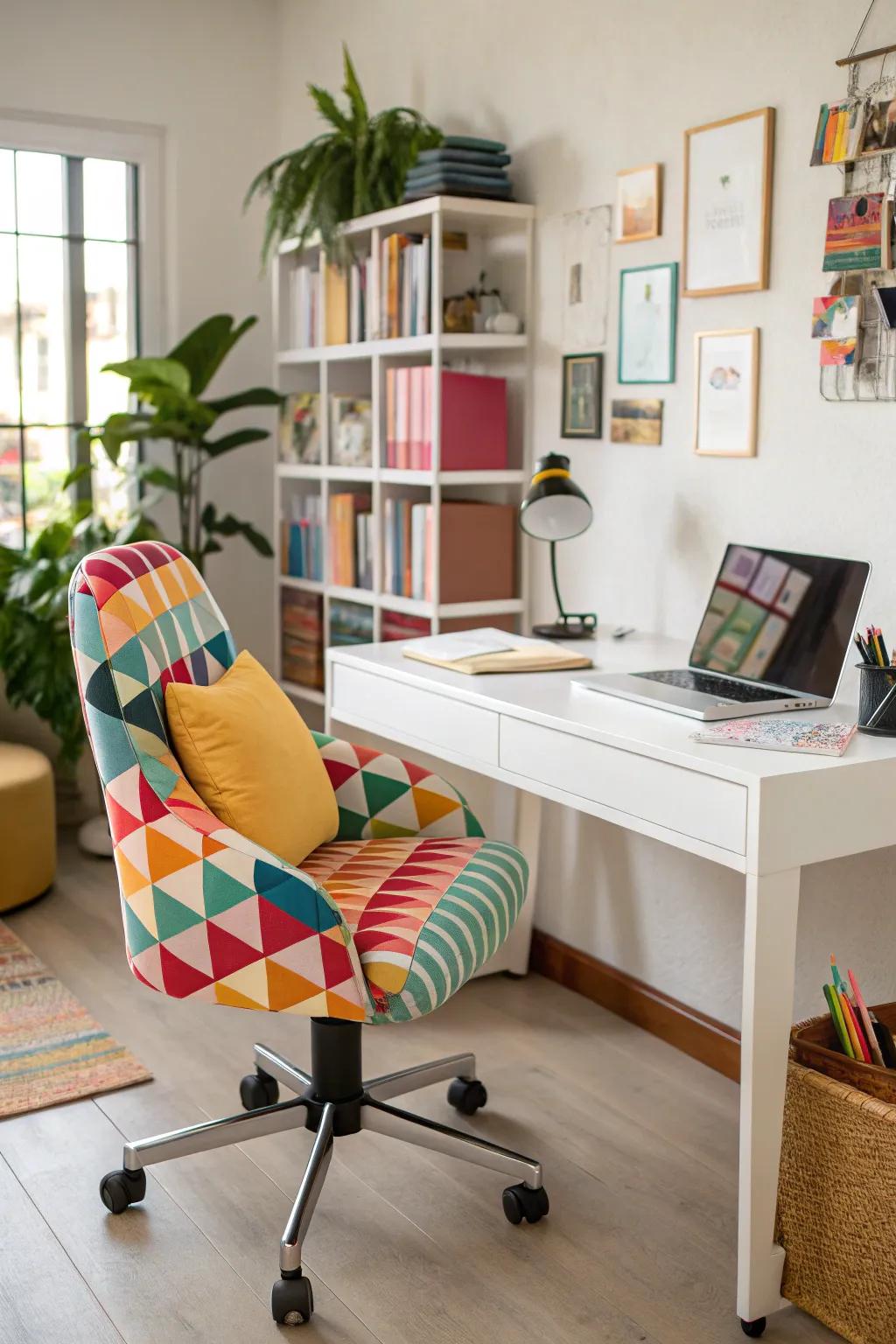 A vibrant home office with a colorful chair and bold accent wall.