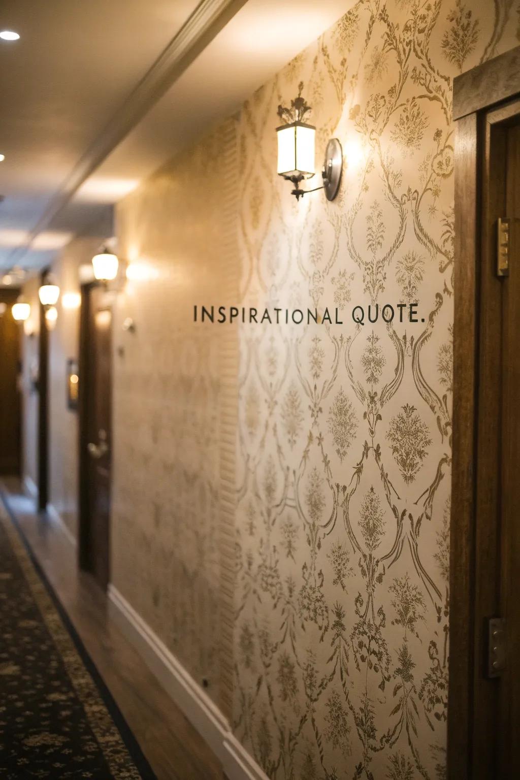 A hallway with a wallpaper featuring an inspirational quote for daily motivation.