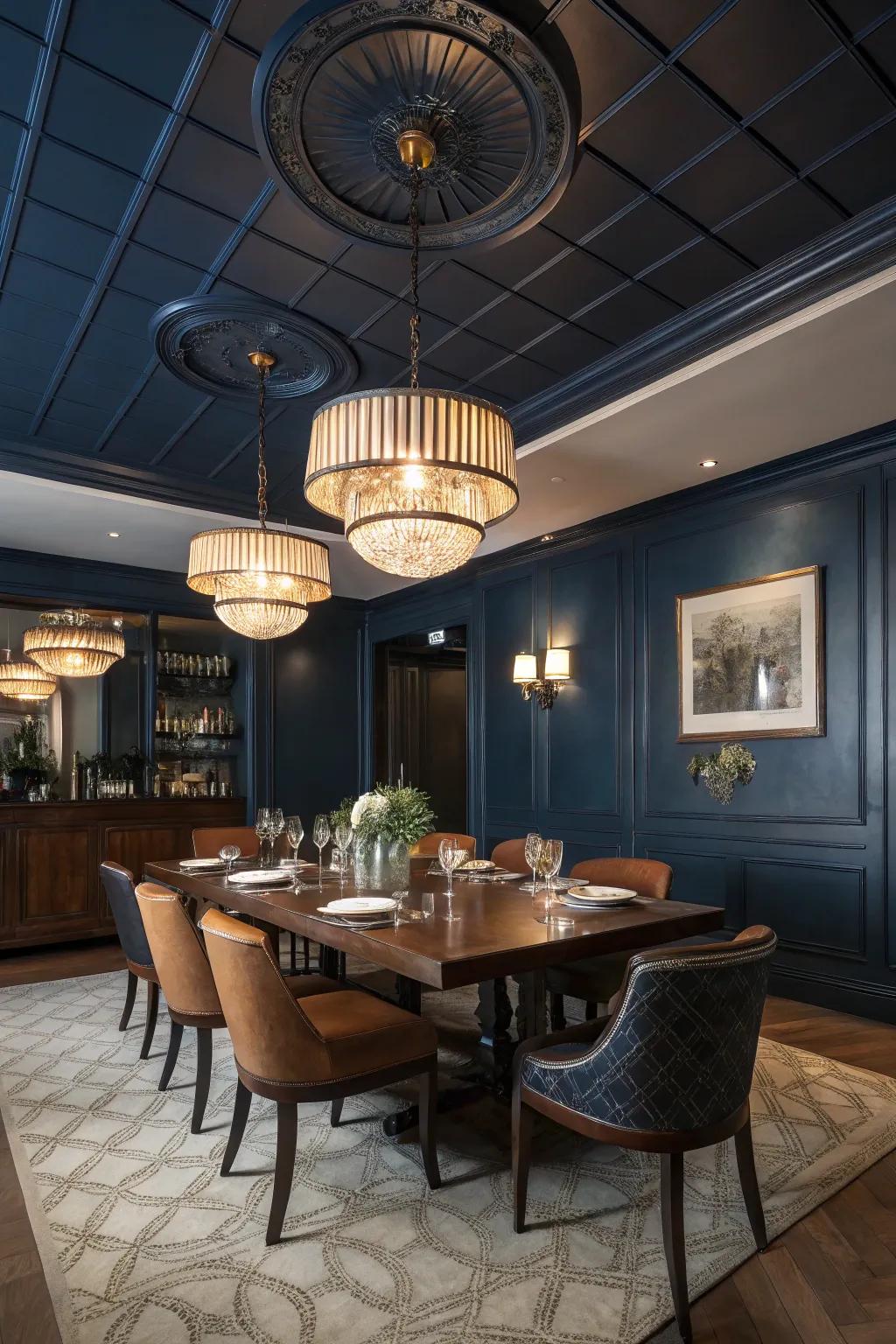 A dramatic dining room with a dark blue ceiling.