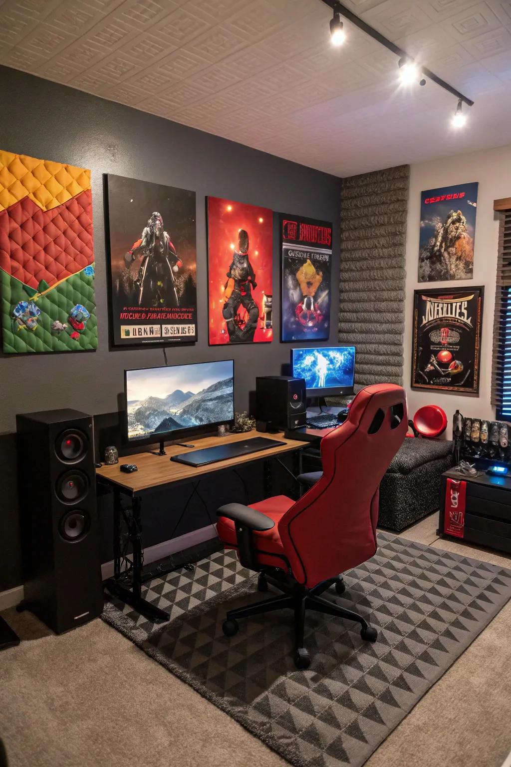 Personalize your gaming room with themed wall decorations and acoustic panels.