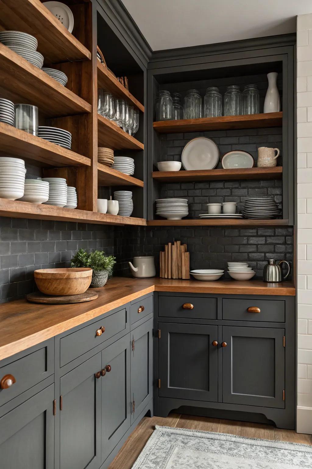 Dark gray cabinets complemented by open shelves showcasing elegant dishware.