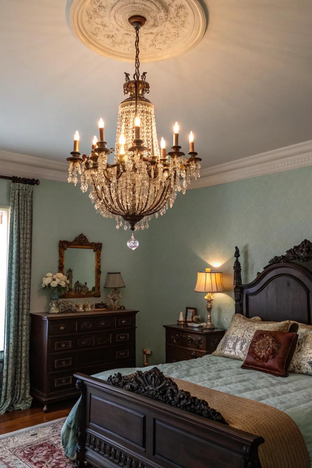 A vintage-inspired chandelier serves as an elegant focal point in a dark vintage bedroom.