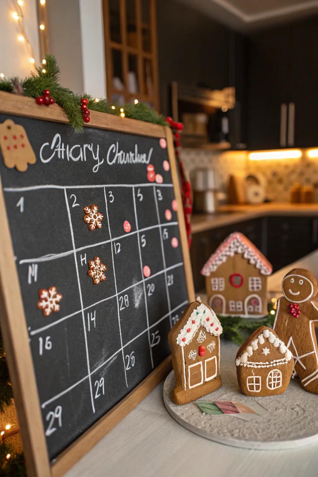 A whimsical gingerbread-themed chalkboard calendar.