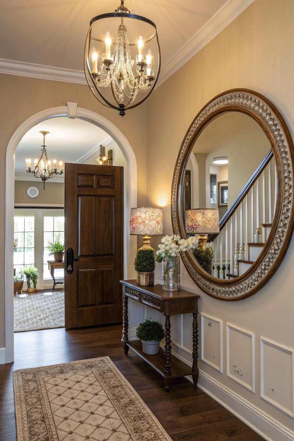 A mirror in the entryway creates a bright and welcoming atmosphere.