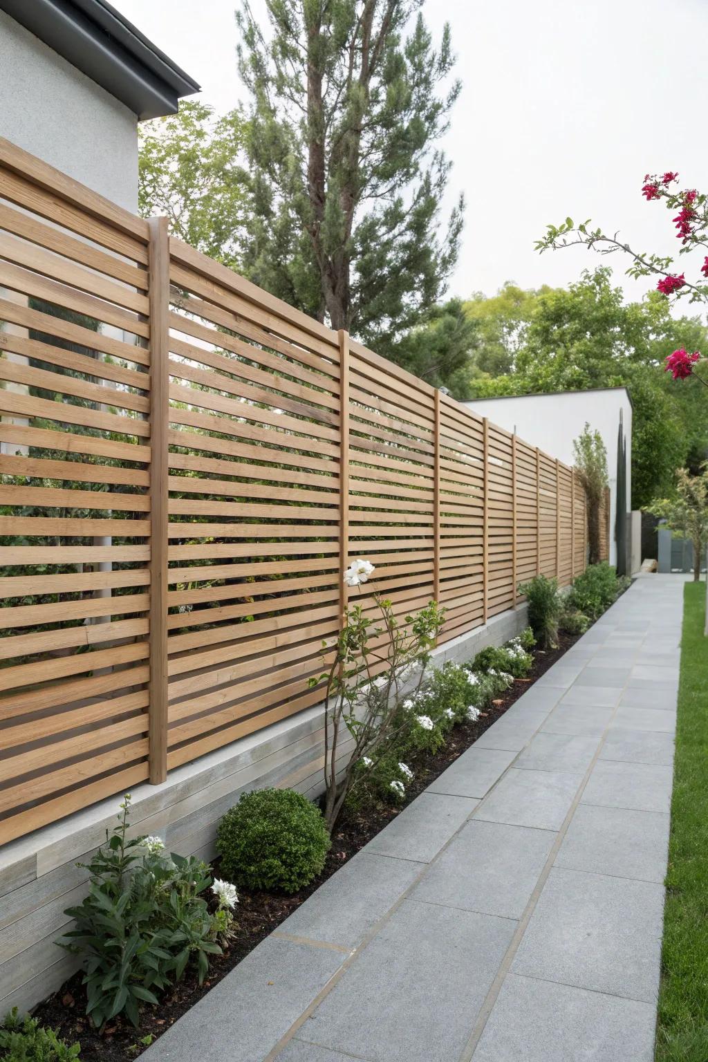 Horizontal slats create a stylish and modern fence design.