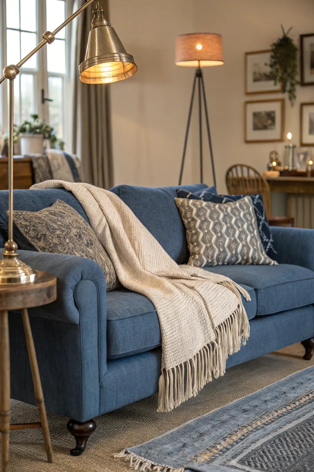 A variety of textures enhance the tactile appeal of a denim blue sofa.