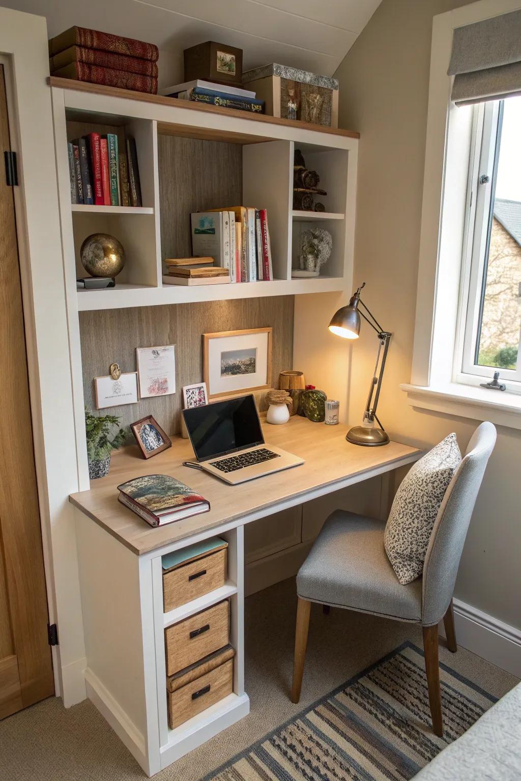 A desk that does double duty as storage and workspace.