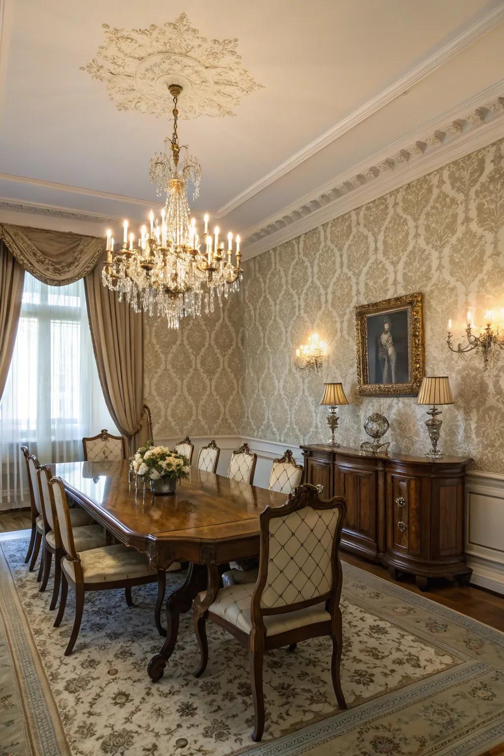 Vintage damask wallpaper brings timeless elegance to this dining space.