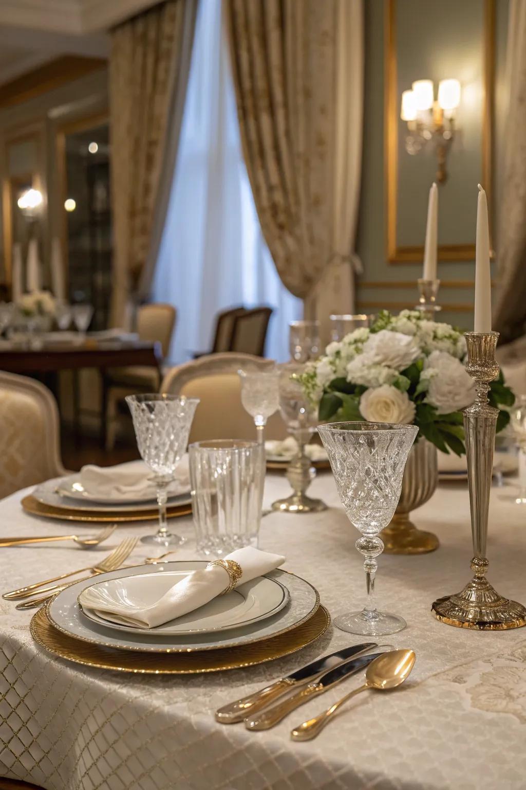 A dining table with elegantly arranged tableware.