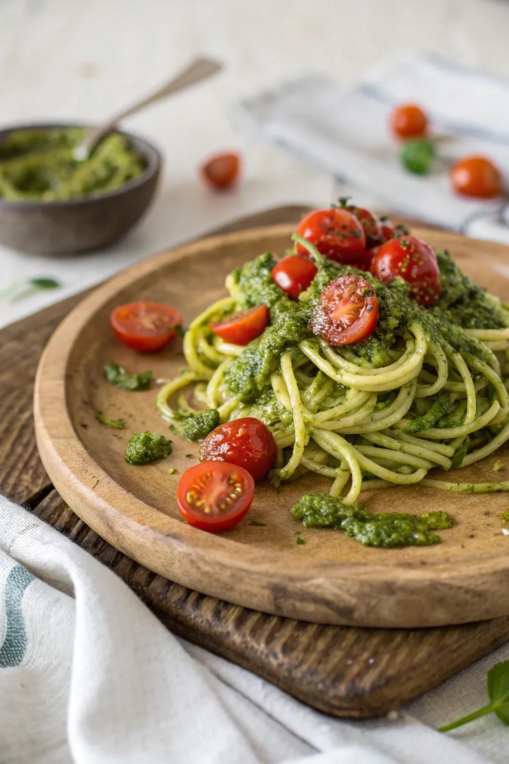 Enjoy a guilt-free pasta experience with zucchini noodles and pesto.