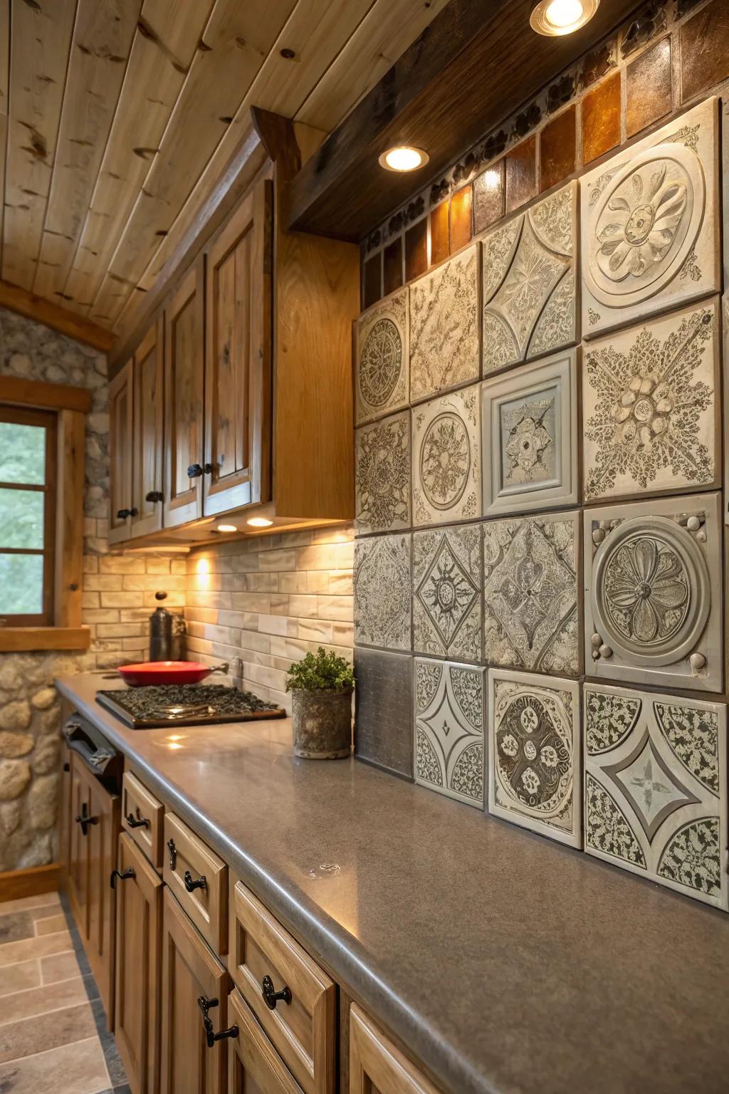 Recycled tin tiles bring a vintage charm to any kitchen.