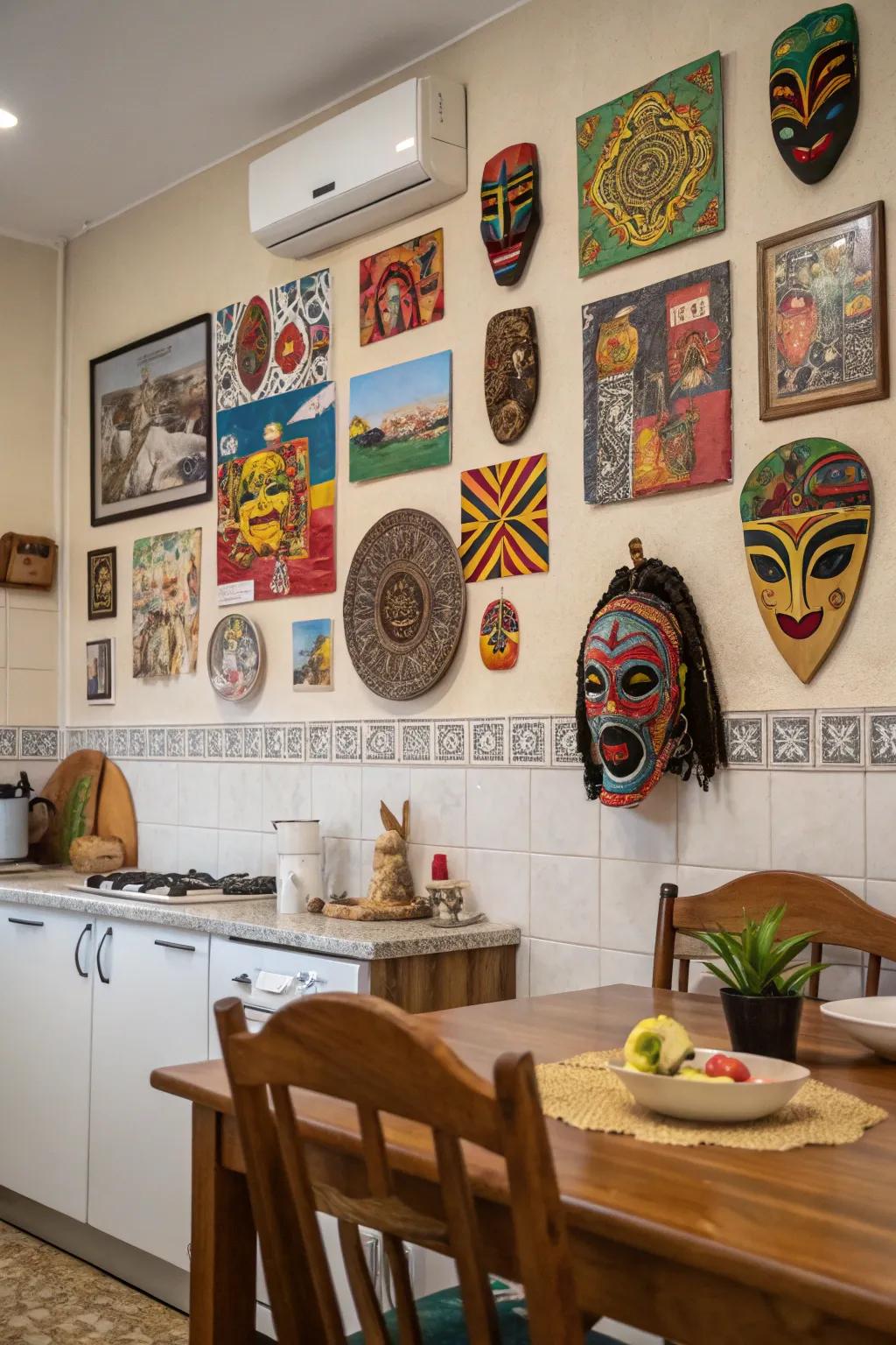 A vibrant collage of multicultural art in the kitchen.